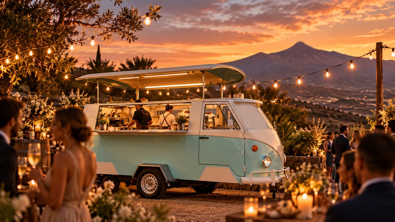 Food truck vintage al atardecer en un evento en Tenerife